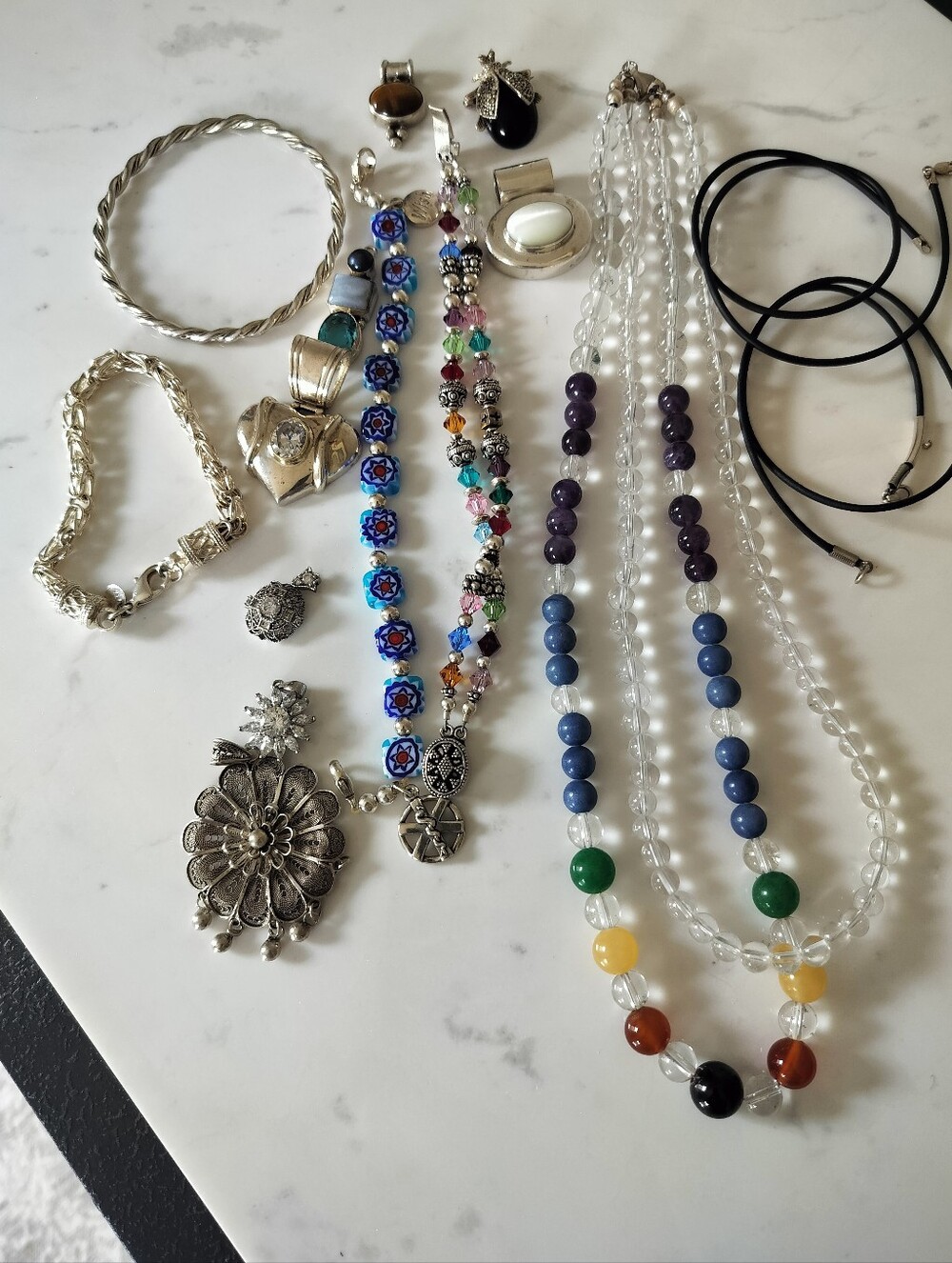 925 Sterling Silver Multicolor Beaded Women's Necklace (Untested) No Scrap
